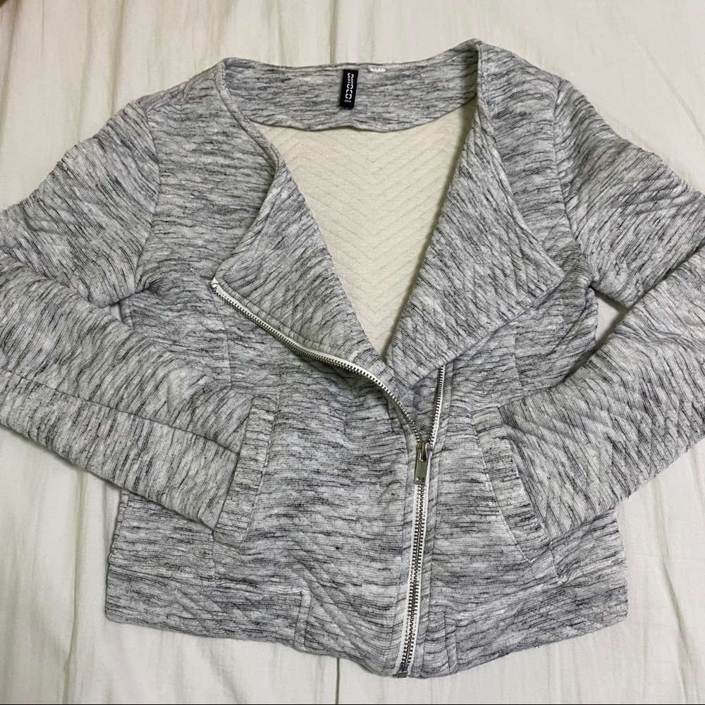 H&M Knit Moto Jacket Cropped Quilted Heather Gray